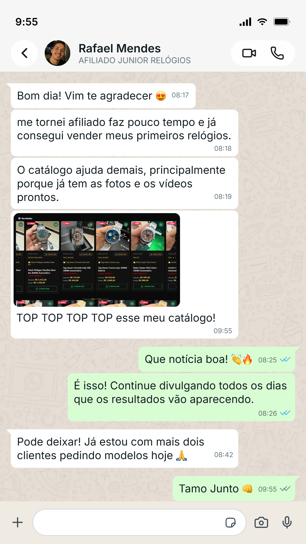 Depoimento de afiliado no WhatsApp