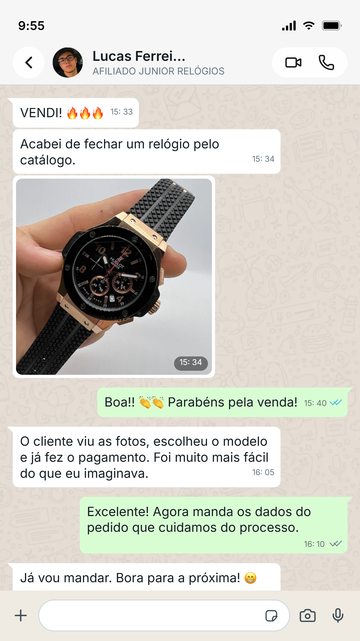 Depoimento de afiliado no WhatsApp