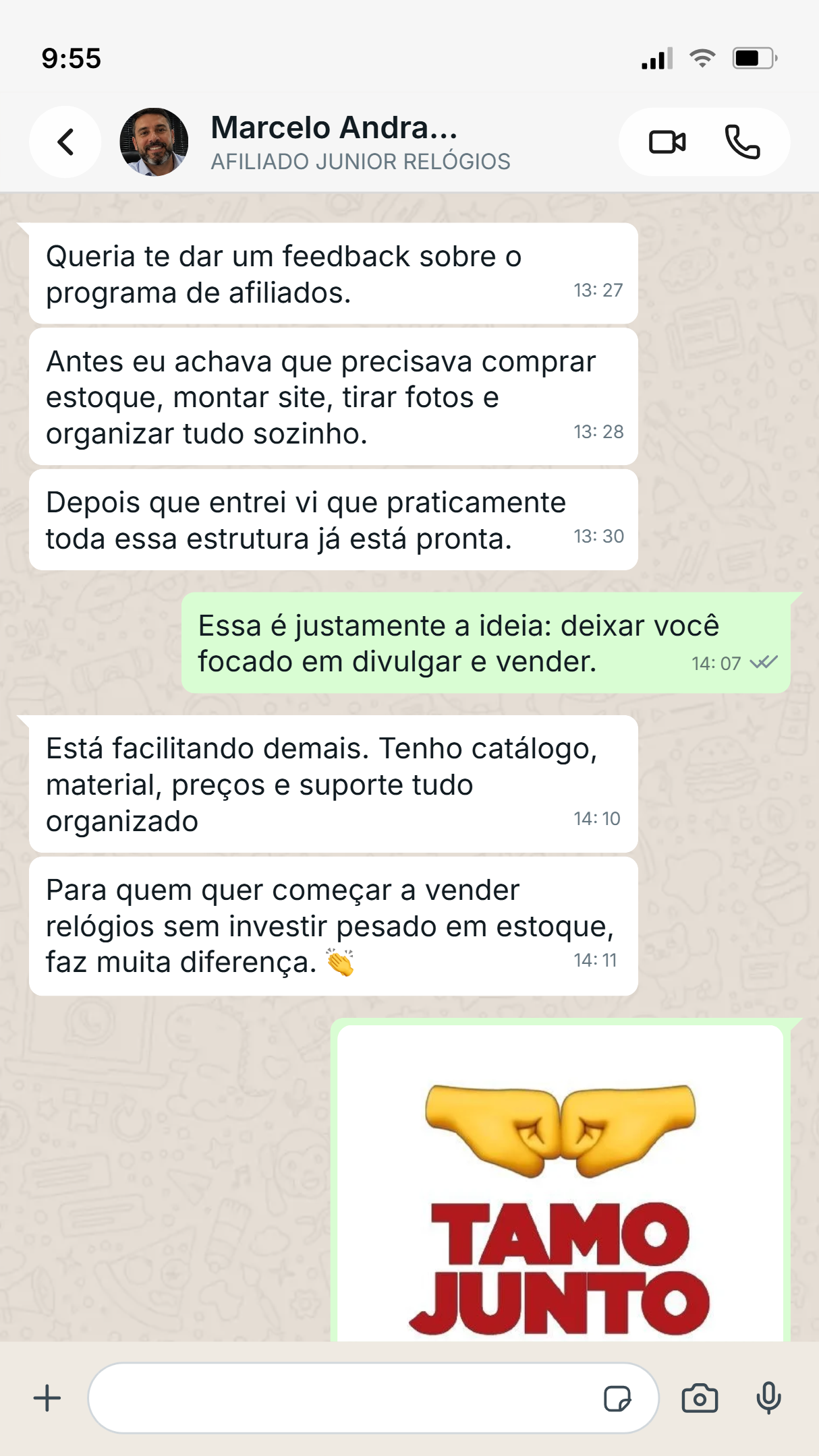 Depoimento de afiliado no WhatsApp